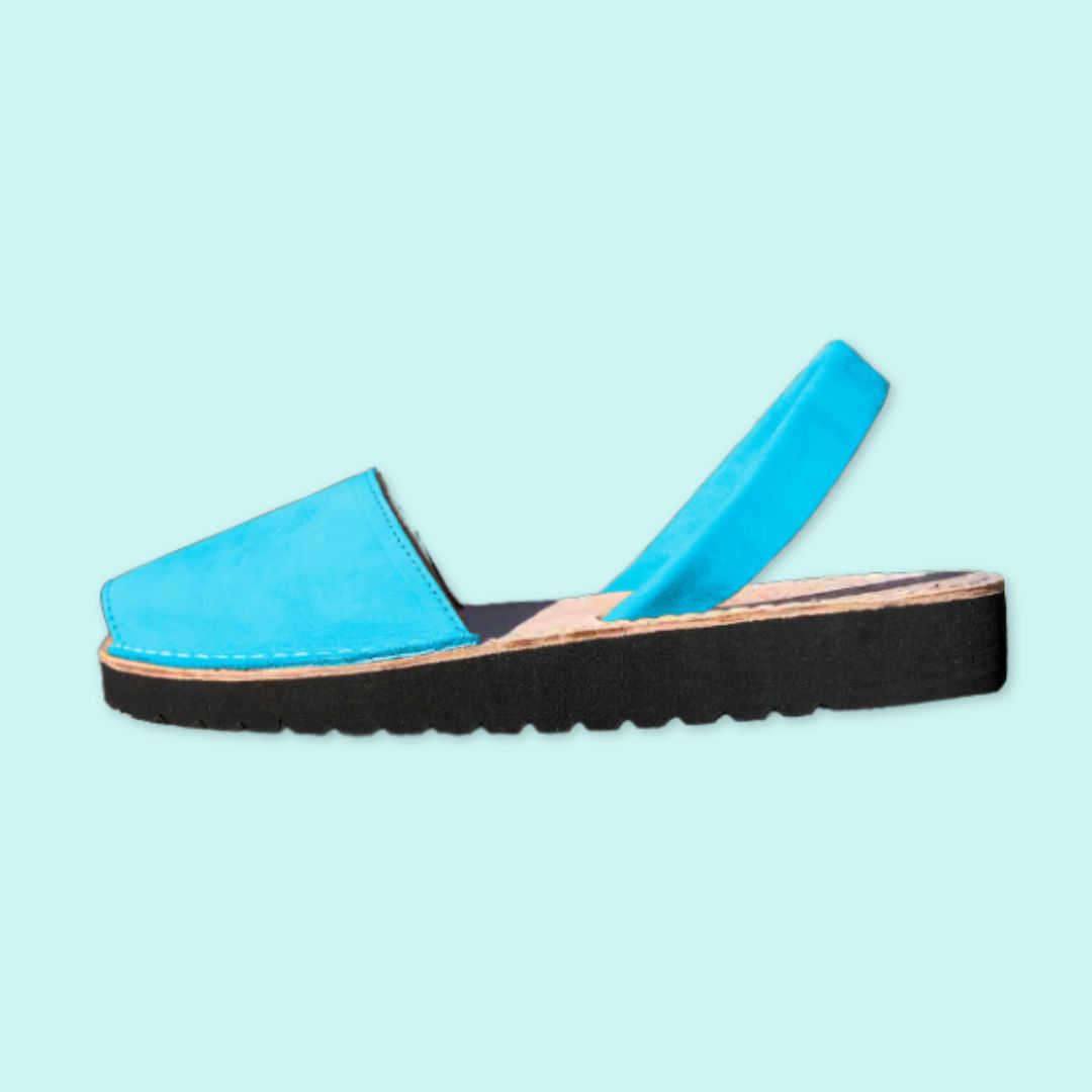 Menorquina Abarca - Mulher - Couro Nubuck - Cunha Média - Cor Turquesa