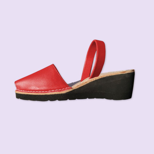 Abarca menorquina - Mujer - Piel Box - Cuña Alta - Color Rojo