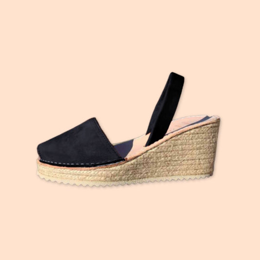 menorquinas con cuña alta de esparto para mujer color negro