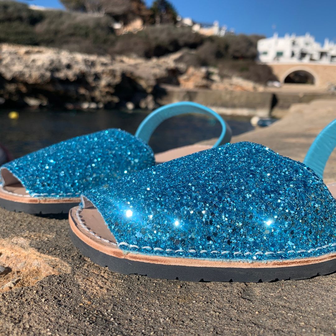 abarcas menorquinas mujer hombre niña glitter color turquesa originales