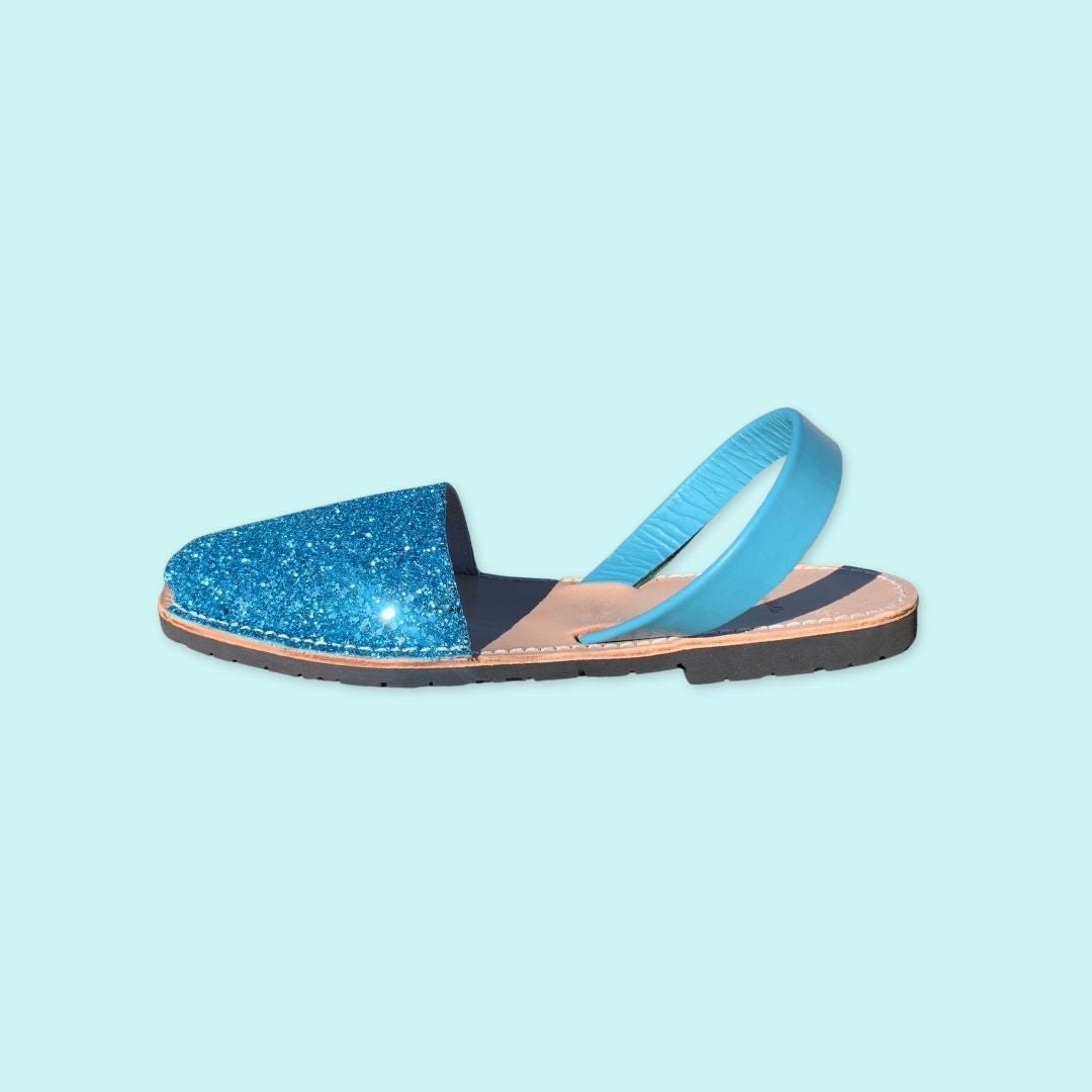 abarcas menorquinas mujer hombre niña glitter color turquesa originales