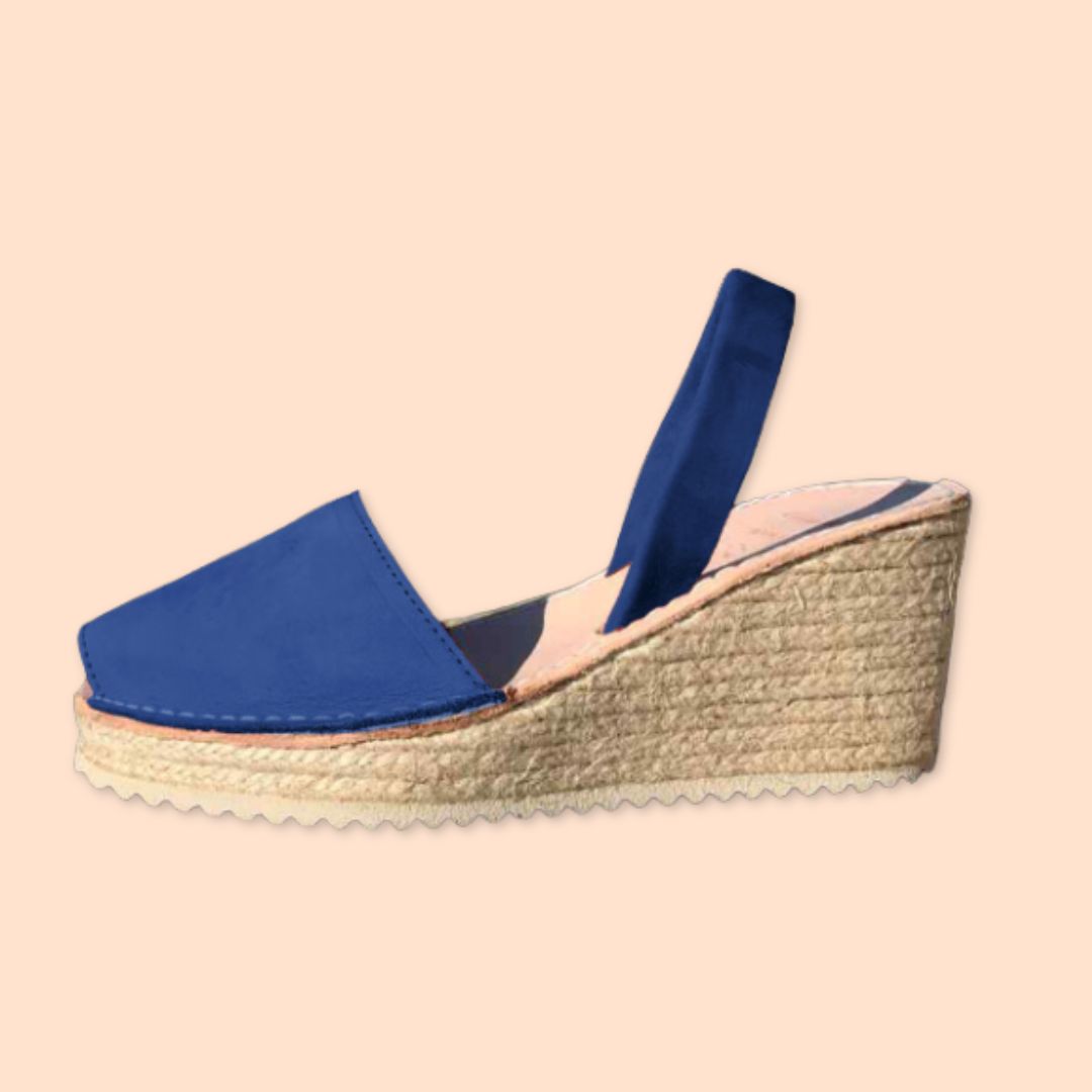Menorquina Abarca - Mulher - Couro Nubuck - Esparto Cunha Alta - Cor Azul Elétrico